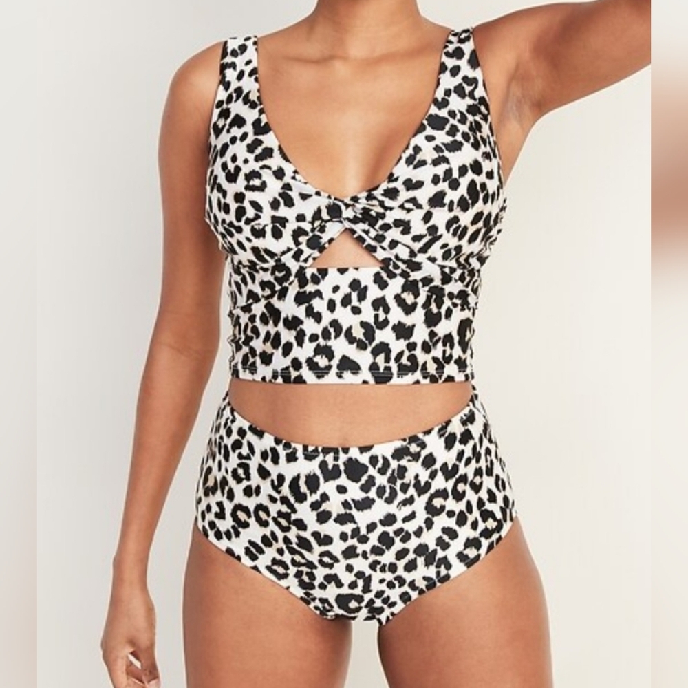 Old Navy Leopard Print High Waisted Bikini Set Keyhole Twist Front Small EUC